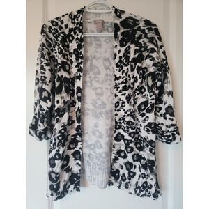 Chicos Cardigan Sweater Womens 0 Small Black White Leopard Linen Cotton Knit Tab